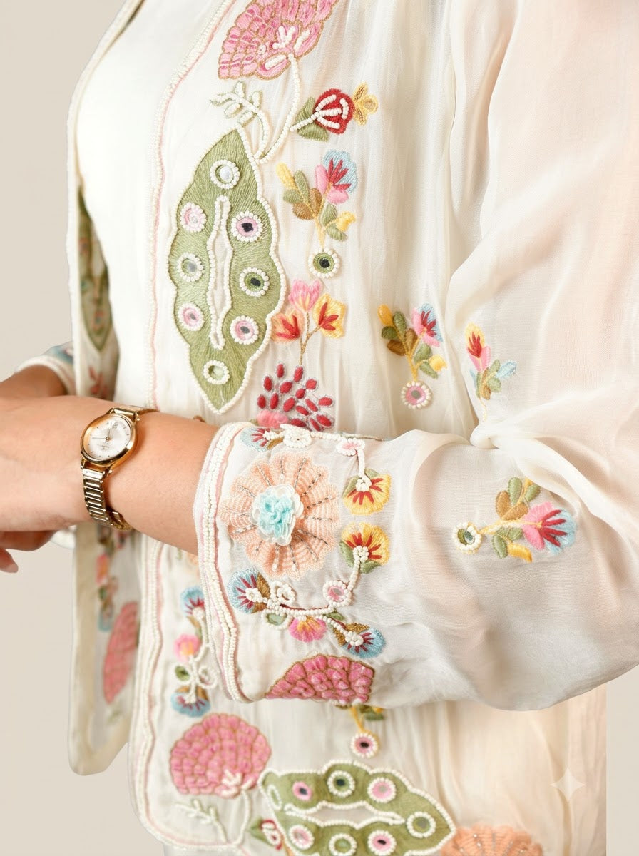 White Crop Top with Jacket and Palazzo Set