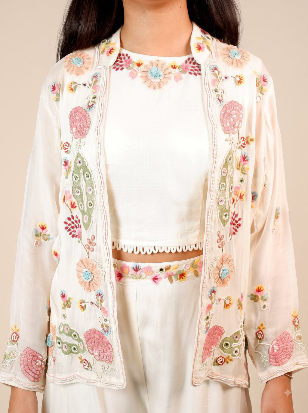White Crop Top with Jacket and Palazzo Set