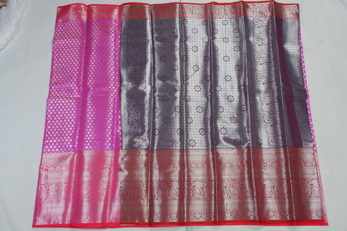 Magenta Tissue Brocade Saree with Silver Zari Paisley Jaal