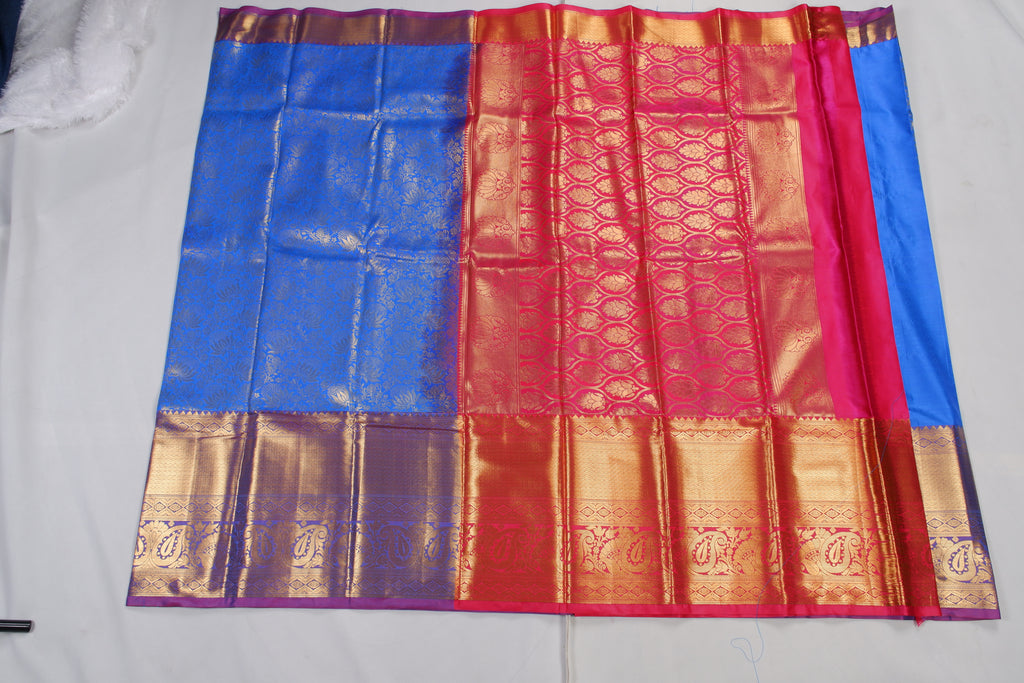 Blue Traditional Brocade Silk Saree with Antique Gold Floral Weave