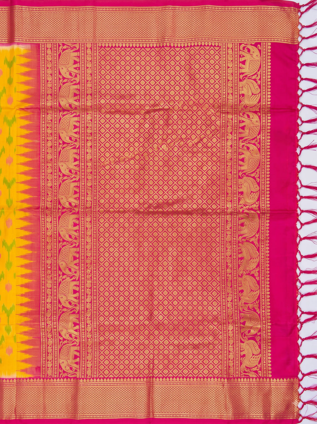 Yellow and Pink Gold Zari Woven Chiniya Silk Saree