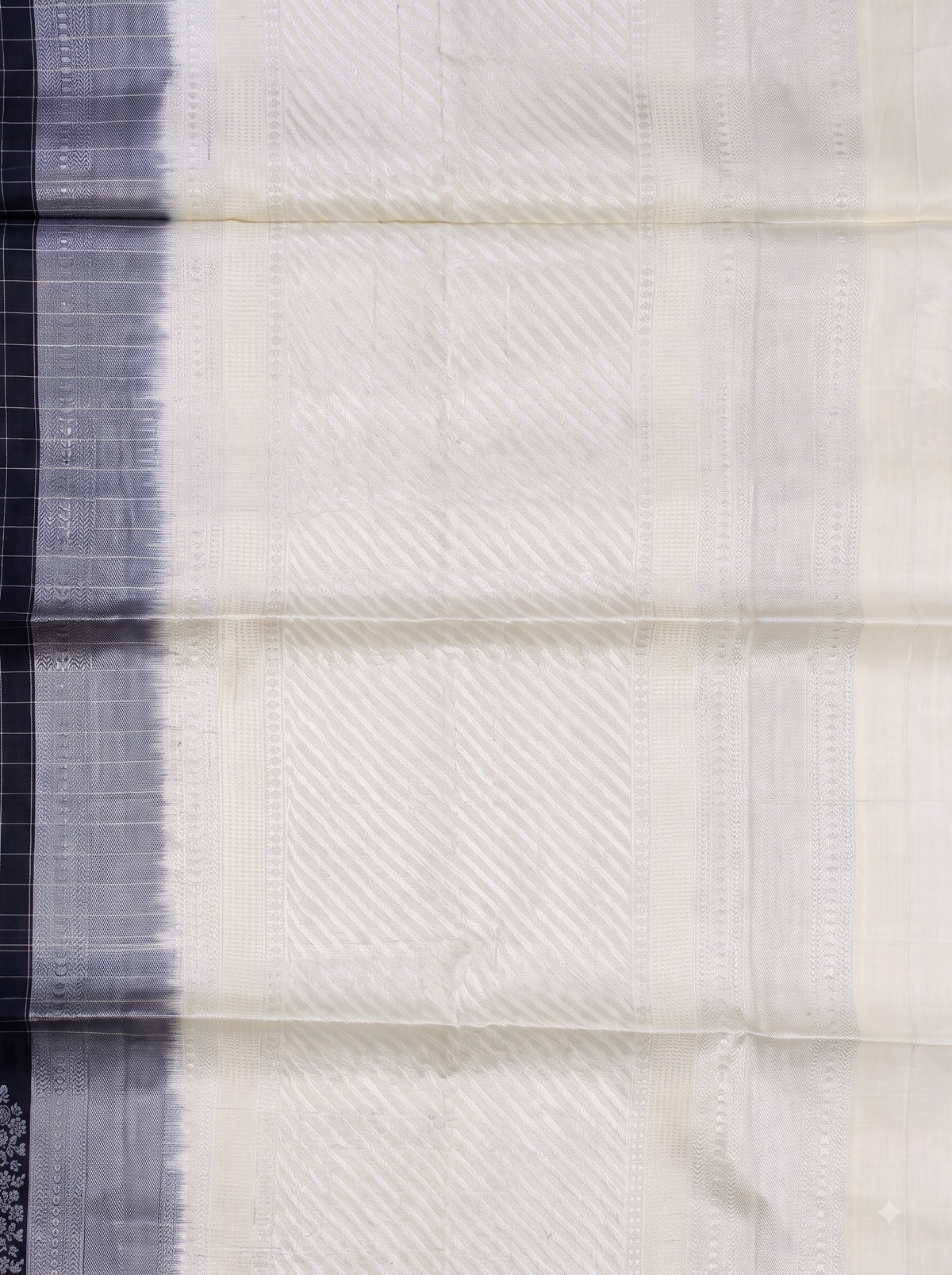Black Cream Chiniya Silk Silver Zari Checked Saree.
