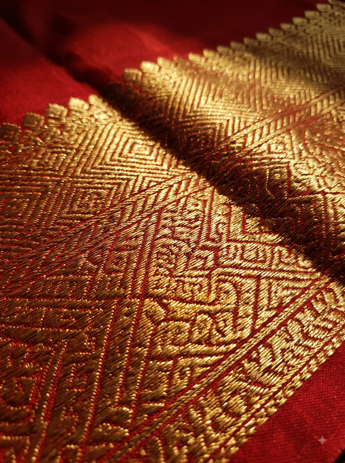 Crimson Red Silk Saree with Gold Zari Striped Pallu