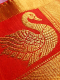 Premium silk saree in lavender with rich red zari temple border and woven traditional motifs