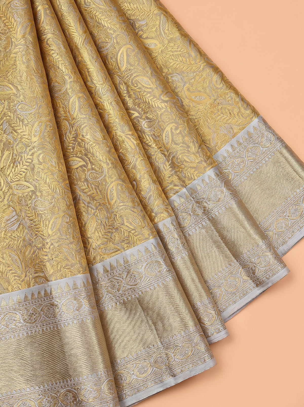Mustard Gold and Silver Grey Zari Woven Kanchivaram Pure Tissue Silk Saree