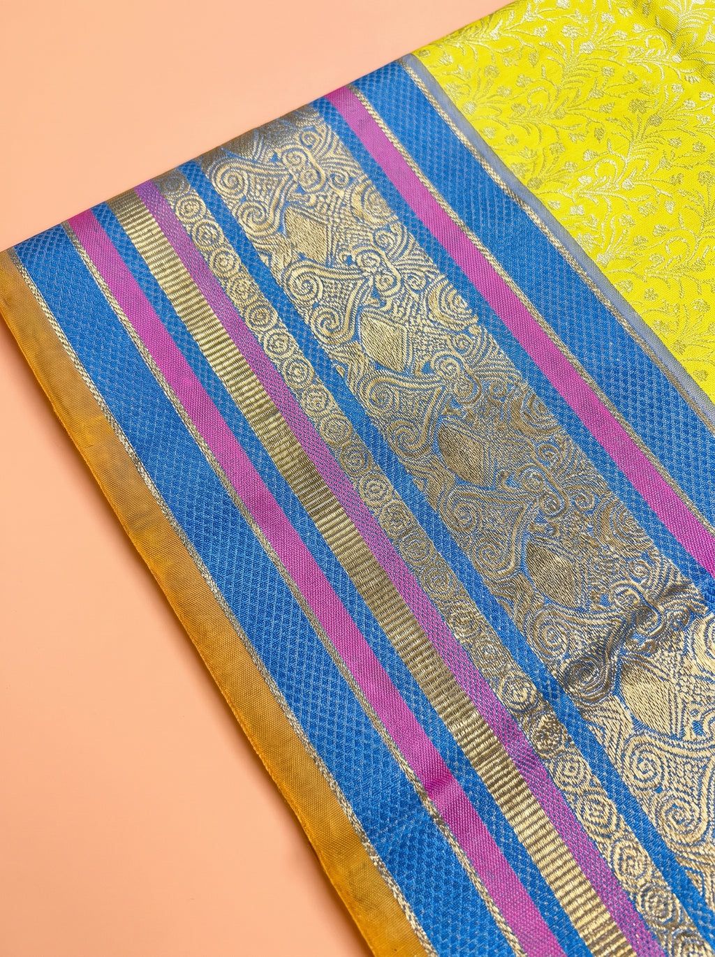 Mustard Yellow and Royal Blue Antique Gold Zari Woven Venkatagiri Silk Saree
