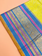 Mustard Yellow and Royal Blue Antique Gold Zari Woven Venkatagiri Silk Saree
