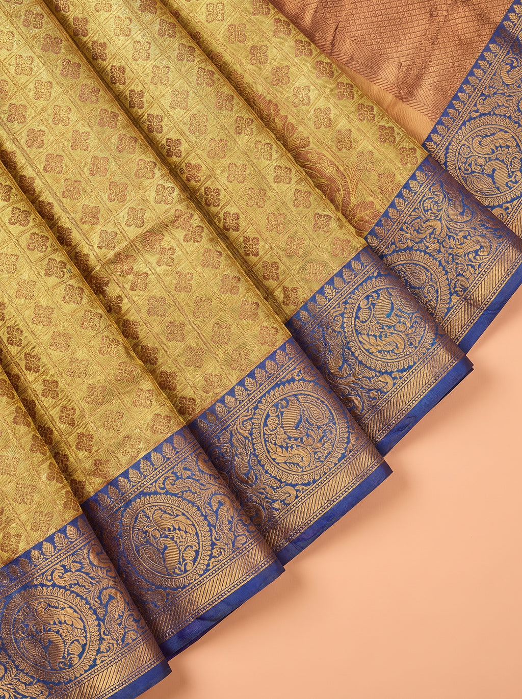 Gold and Blue Traditional Motif Tissue Silk Saree