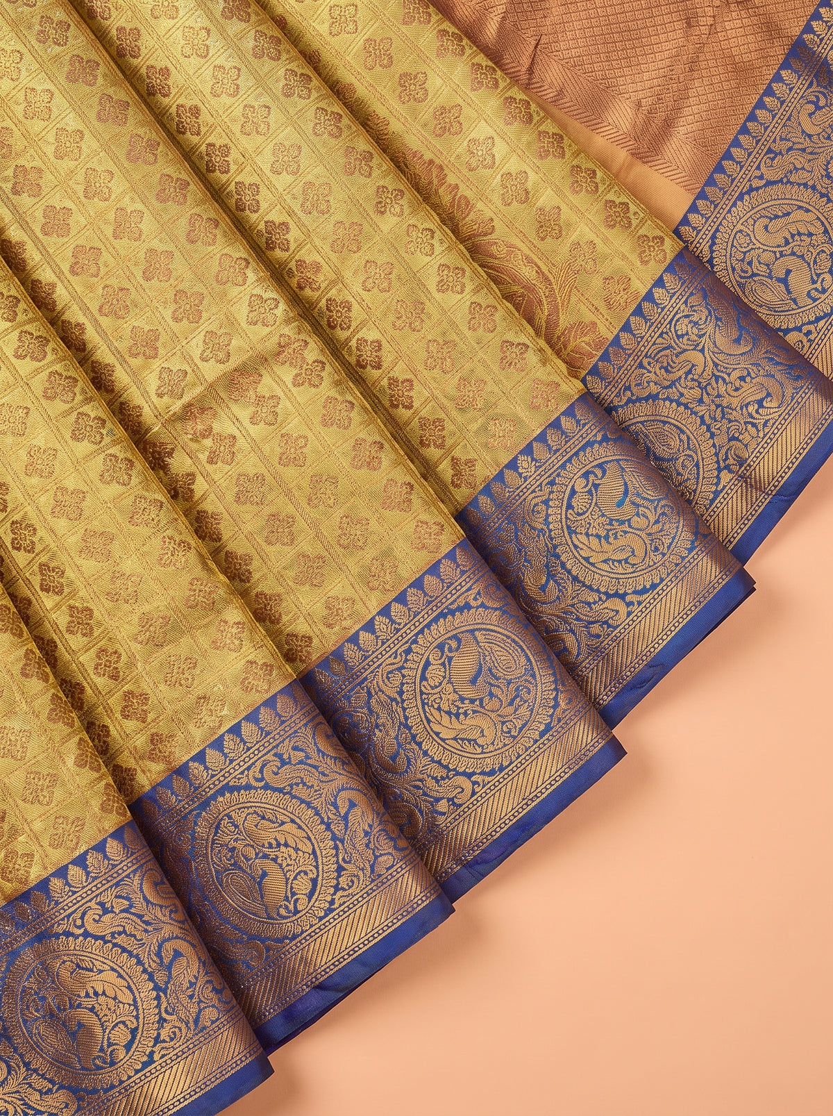 Gold and Blue Traditional Motif Tissue Silk Saree