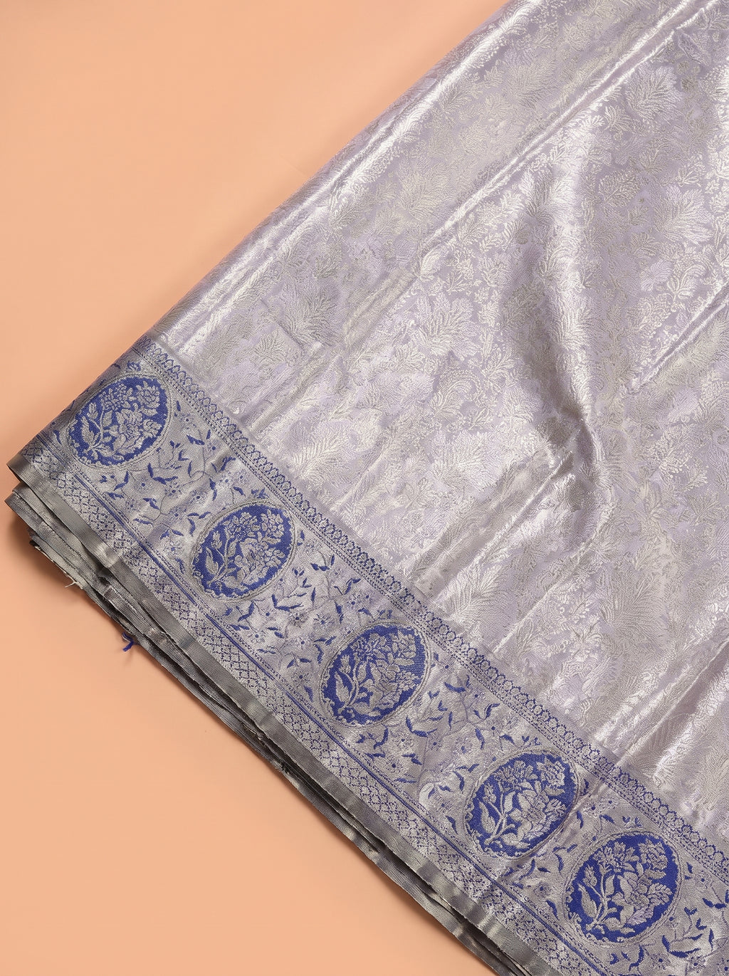 Lavender Grey and Navy Blue Tissue Silk Saree