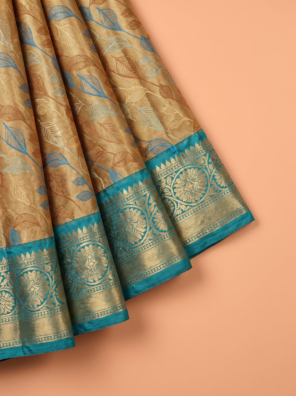 Golden Brown and Teal Blue Antique Gold Zari Woven Semi Kanchivaram Saree