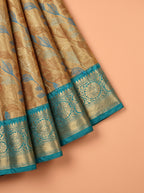 Golden Brown and Teal Blue Antique Gold Zari Woven Semi Kanchivaram Saree