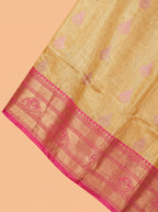 Golden and Deep Rose Pink Antique Gold Zari Woven Semi Kanchivaram Saree