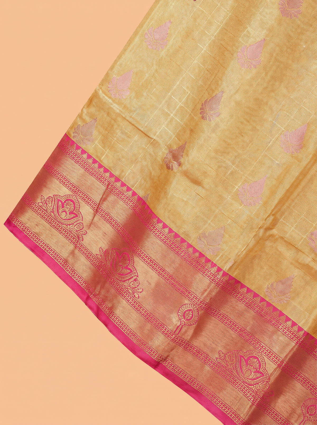 Golden and Deep Rose Pink Antique Gold Zari Woven Semi Kanchivaram Saree