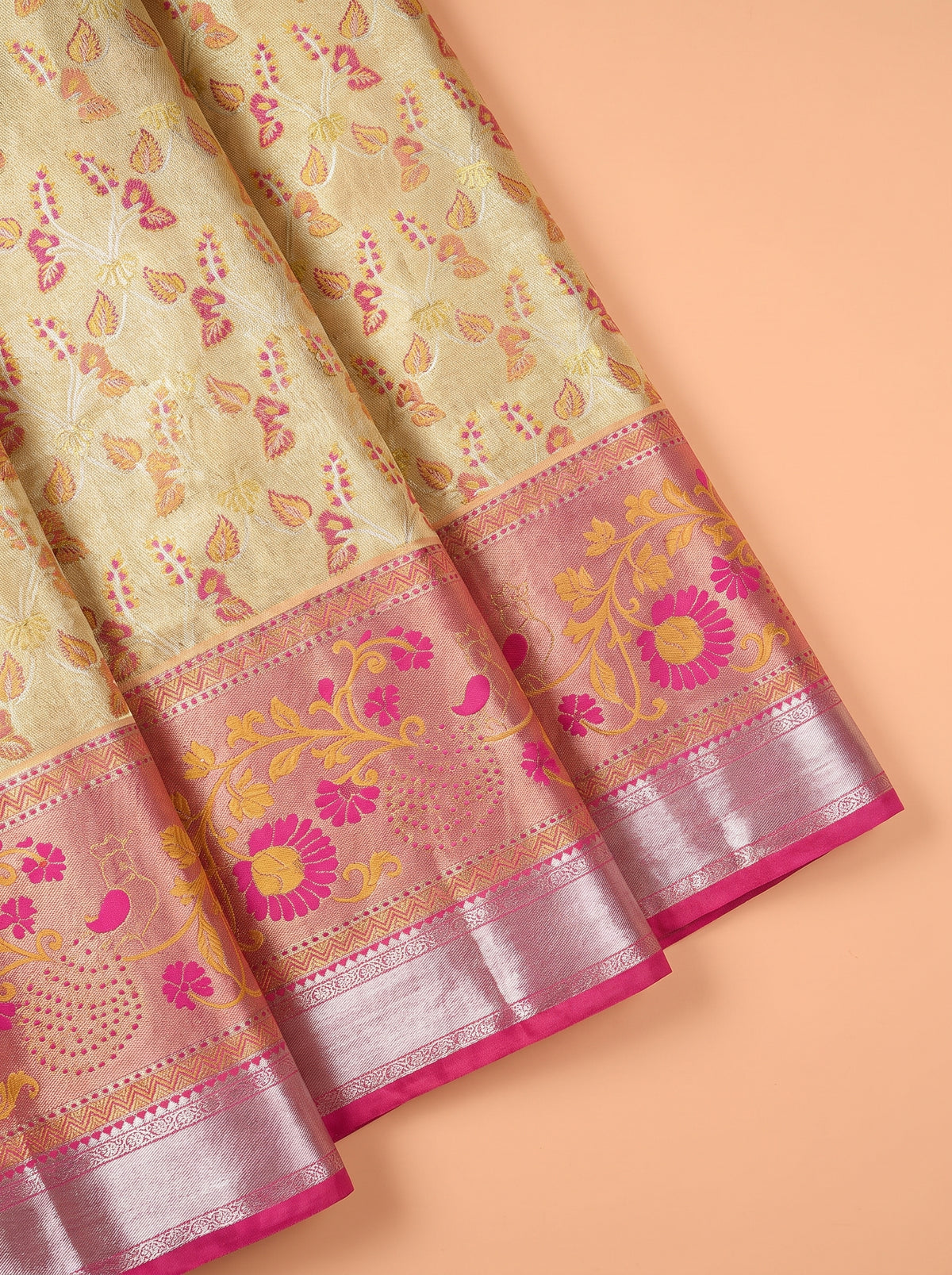 Antique Gold and Pink Floral Tissue Silk Saree