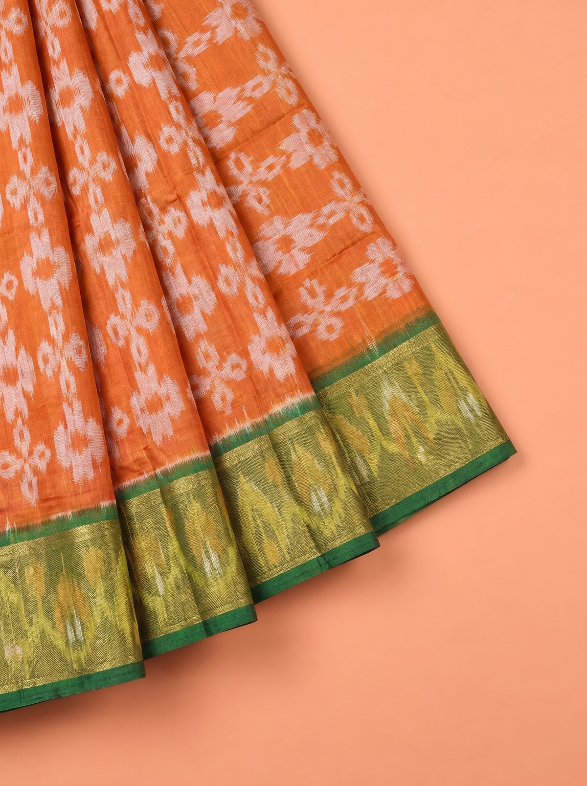 Orange and Dark Green Traditional Ikkat Saree