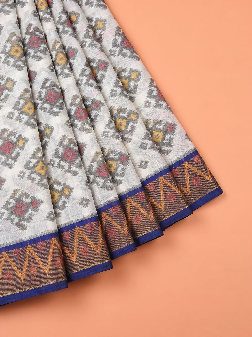 White and Navy Blue Multicolour Ikat Woven Saree
