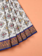 White and Navy Blue Multicolour Ikat Woven Saree