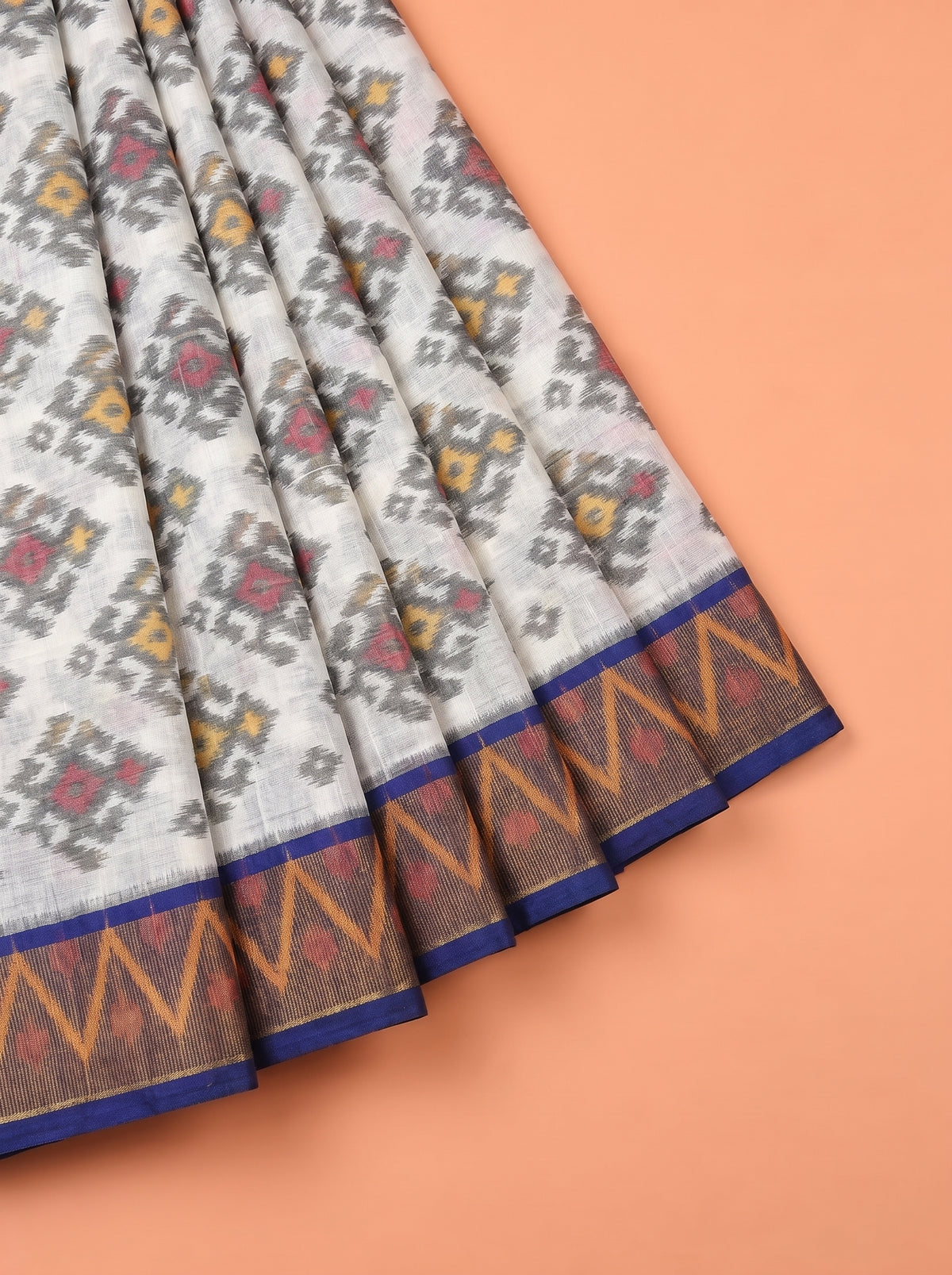 White and Navy Blue Multicolour Ikat Woven Saree