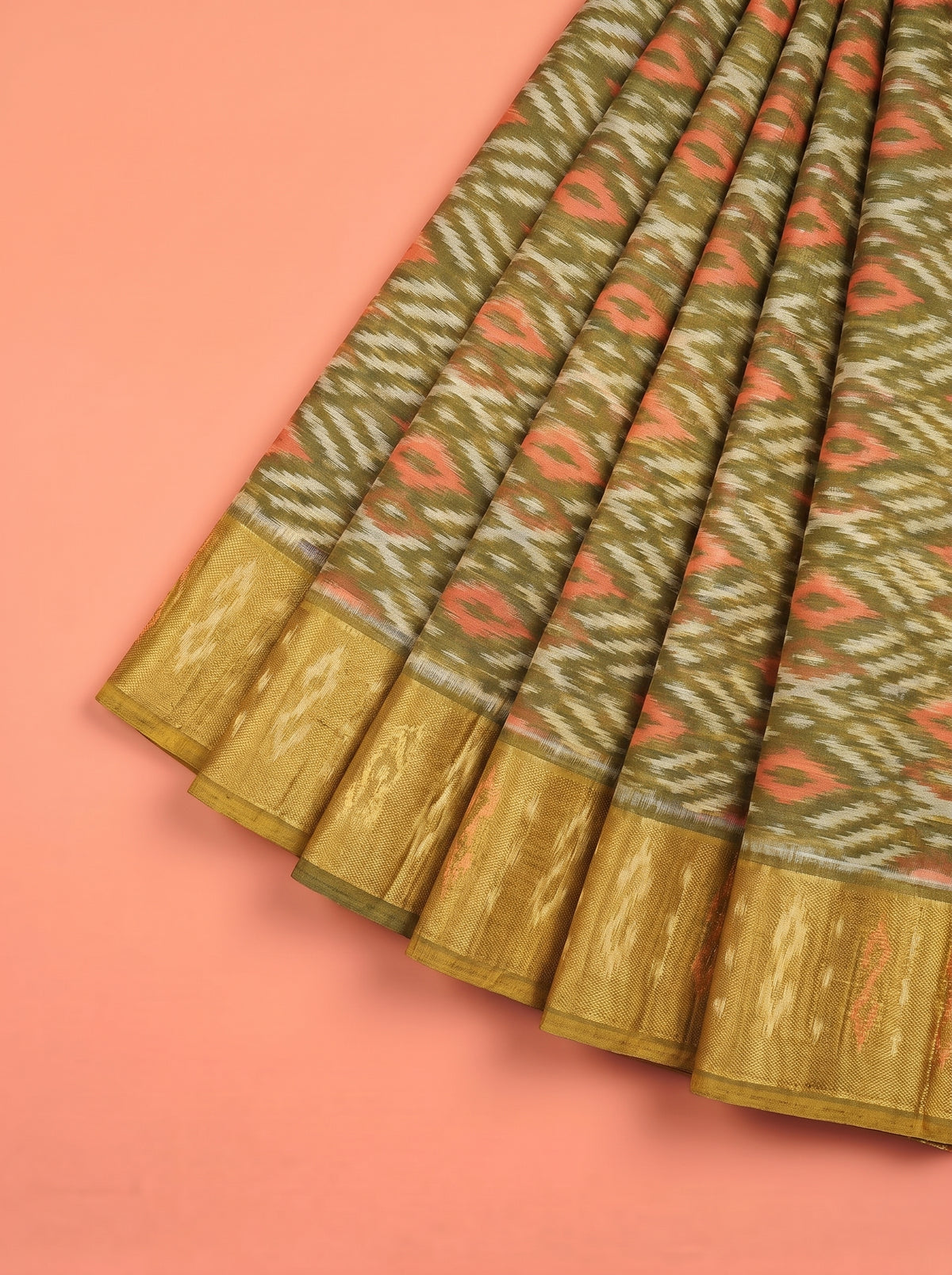 Dark green, Mustard Yellow and Red Ikat Cotton Saree