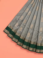 Grey and Dark Green Gold Zari Woven Semi Silk Saree