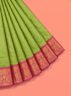 Green Bangalore Silk Saree with Intricate Gold Geometric Weave and Magenta Zari Border