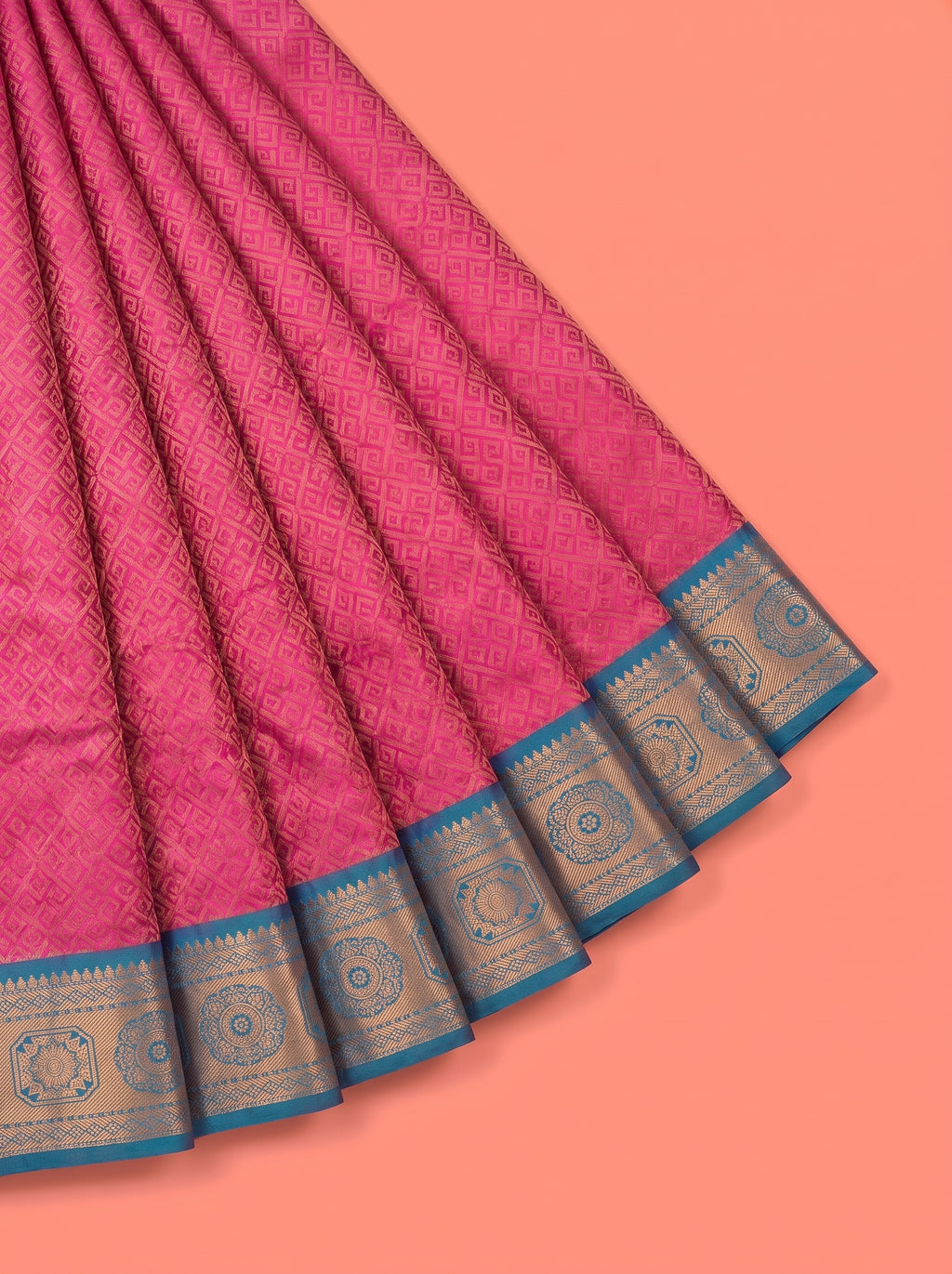 Pink Bangalore Silk Saree with Geometric Weave and Teal-Gold Zari Border