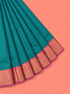 Sea Blue Silk Saree with Gold Zari Paisley Border