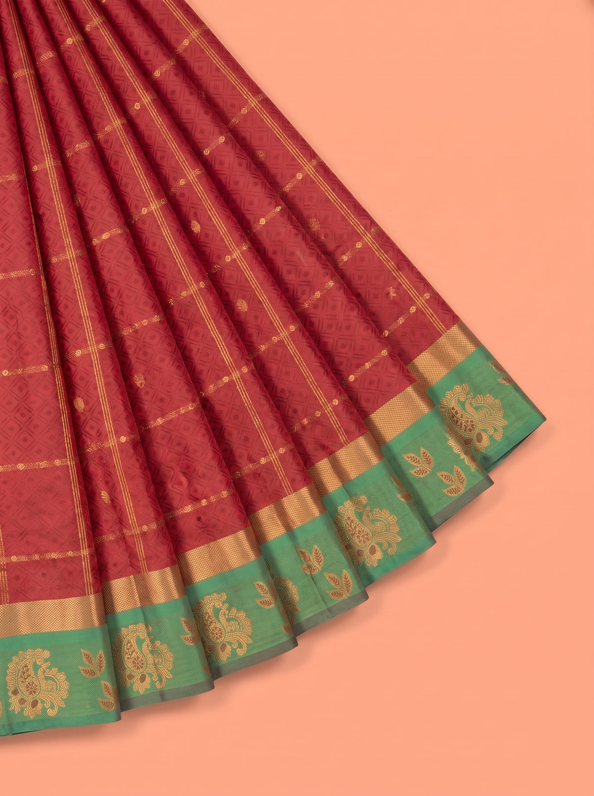 Red Silk Saree with Olive Green Pallu and Paisley Zari Border