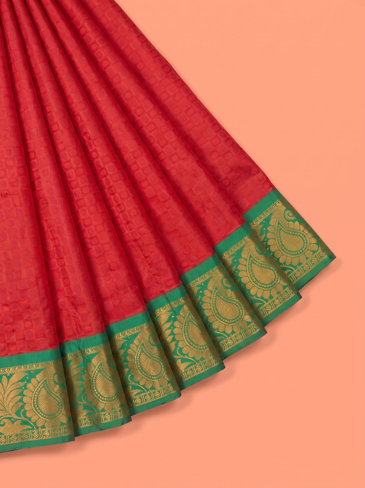 Red Silk Saree with Geometric Woven Pattern and Gold Zari Paisley Border