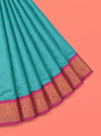 Turquoise Blue Bangalore Silk Saree with Magenta Brocade Pallu and Zari Border