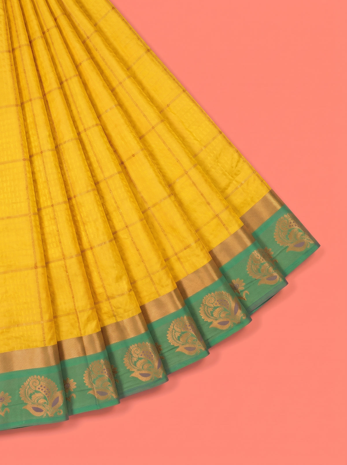 Golden Yellow Bangalore Silk Saree with Emerald Green Floral Pallu