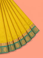 Golden Yellow Bangalore Silk Saree with Teal Green Checked Pallu and Peacock Motif Border