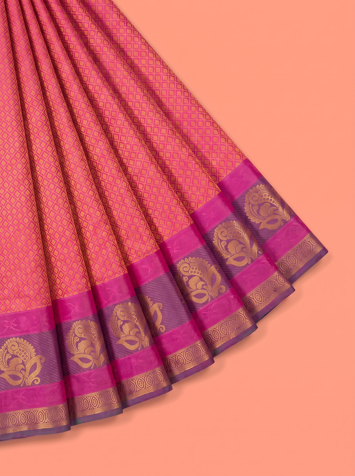 Fuchsia Pink Bangalore Silk Saree with Emerald Green Pallu and Antique Gold Zari