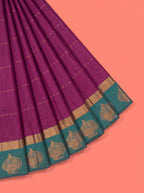 Deep Magenta Bangalore Silk Saree with Teal Grey Pallu and Ornate Zari Motifs