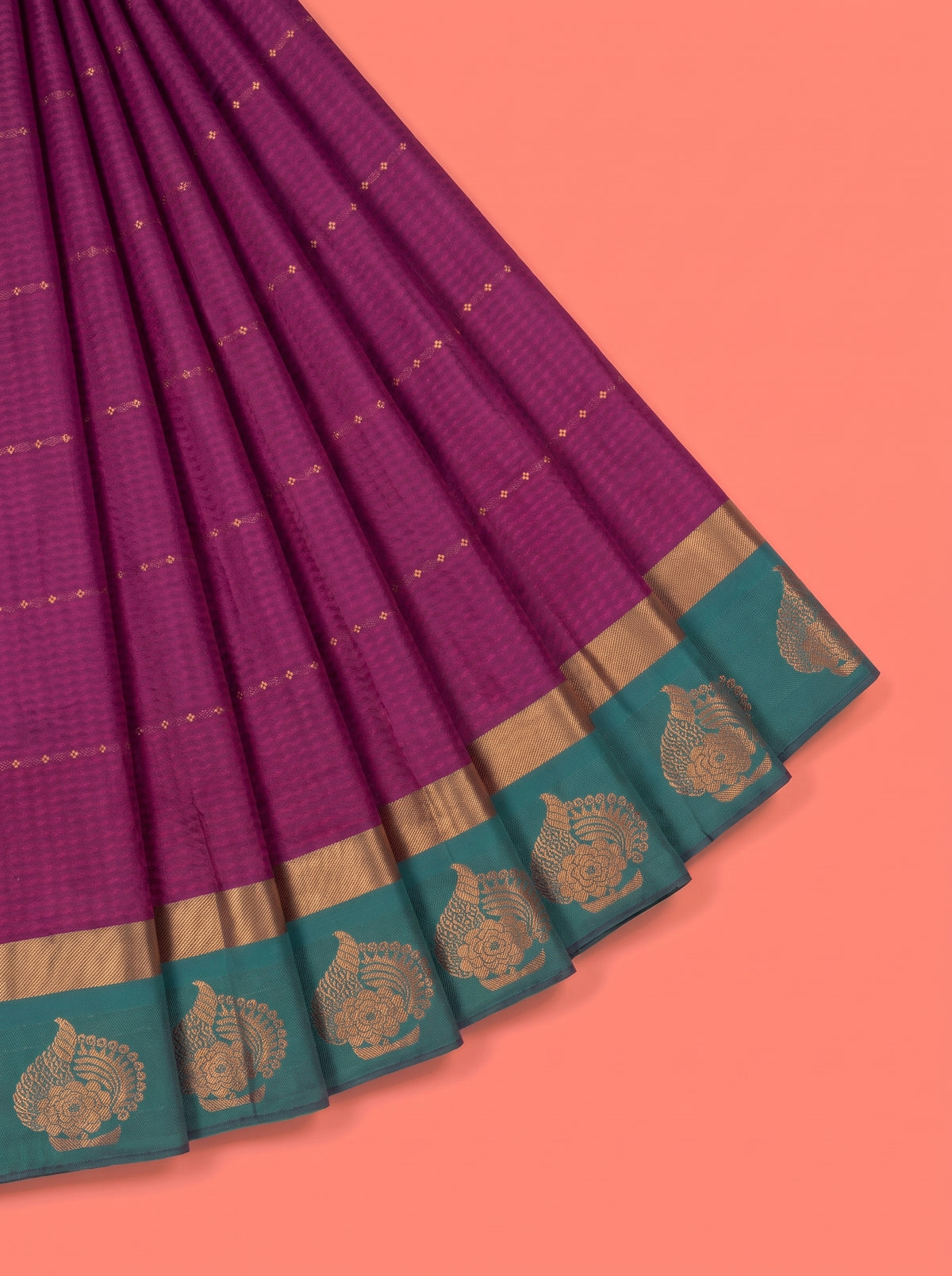 Deep Magenta Bangalore Silk Saree with Teal Grey Pallu and Ornate Zari Motifs