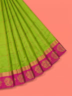 Leaf Green Bangalore Silk Saree with Rani Pink Pallu and Gold Paisley Zari