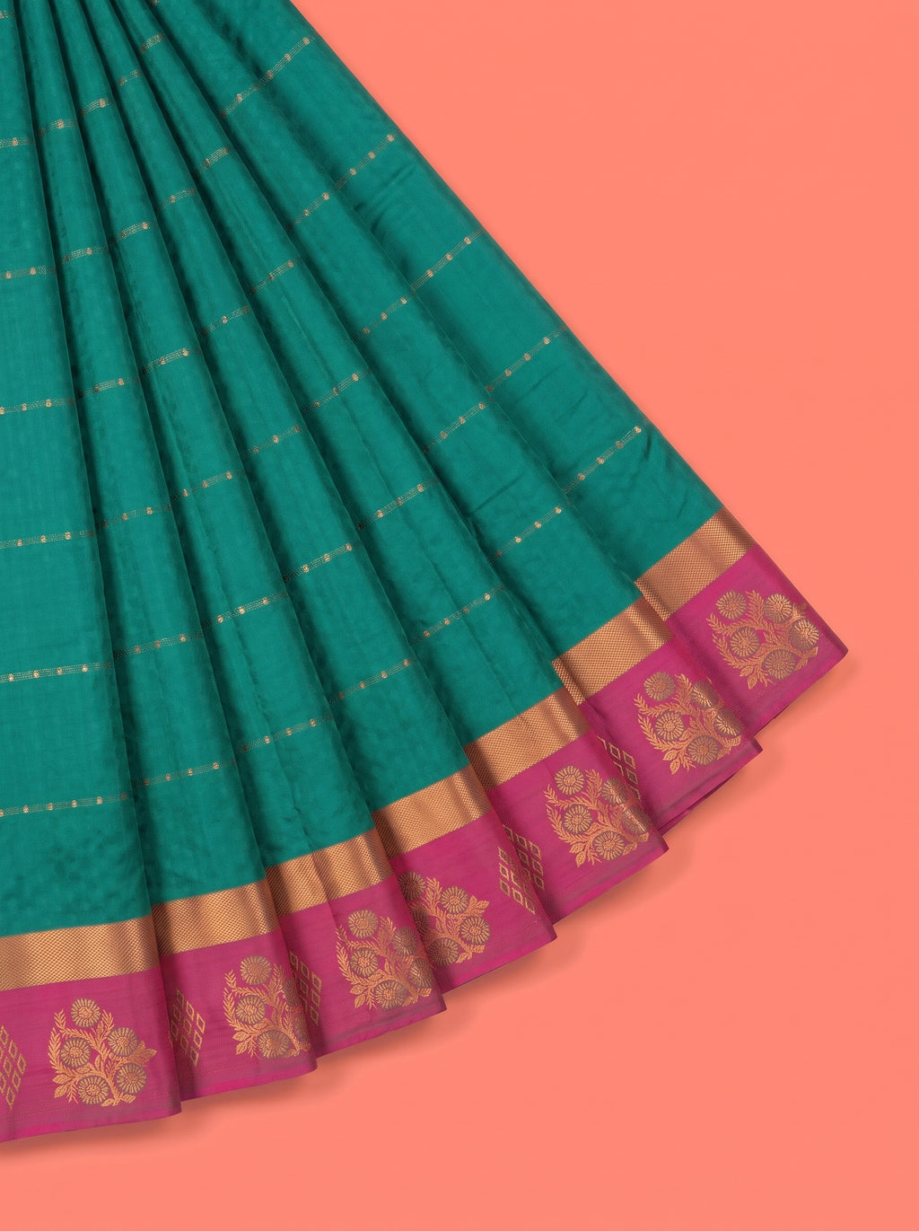 Teal Green Bangalore Silk Saree with Wine Contrast Pallu and Floral Zari Border