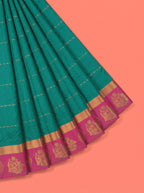Teal Green Bangalore Silk Saree with Wine Contrast Pallu and Floral Zari Border