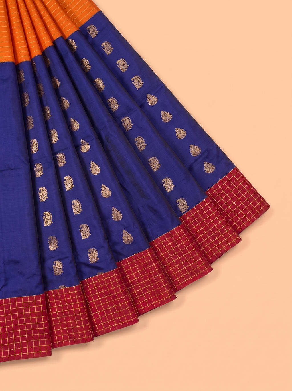 Royal Purple Bangalore Silk Saree with Maroon Checked Panel, Orange Contrast Border and Rich Gold Zari Pallu