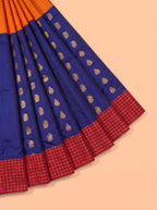Royal Purple Bangalore Silk Saree with Maroon Checked Panel, Orange Contrast Border and Rich Gold Zari Pallu