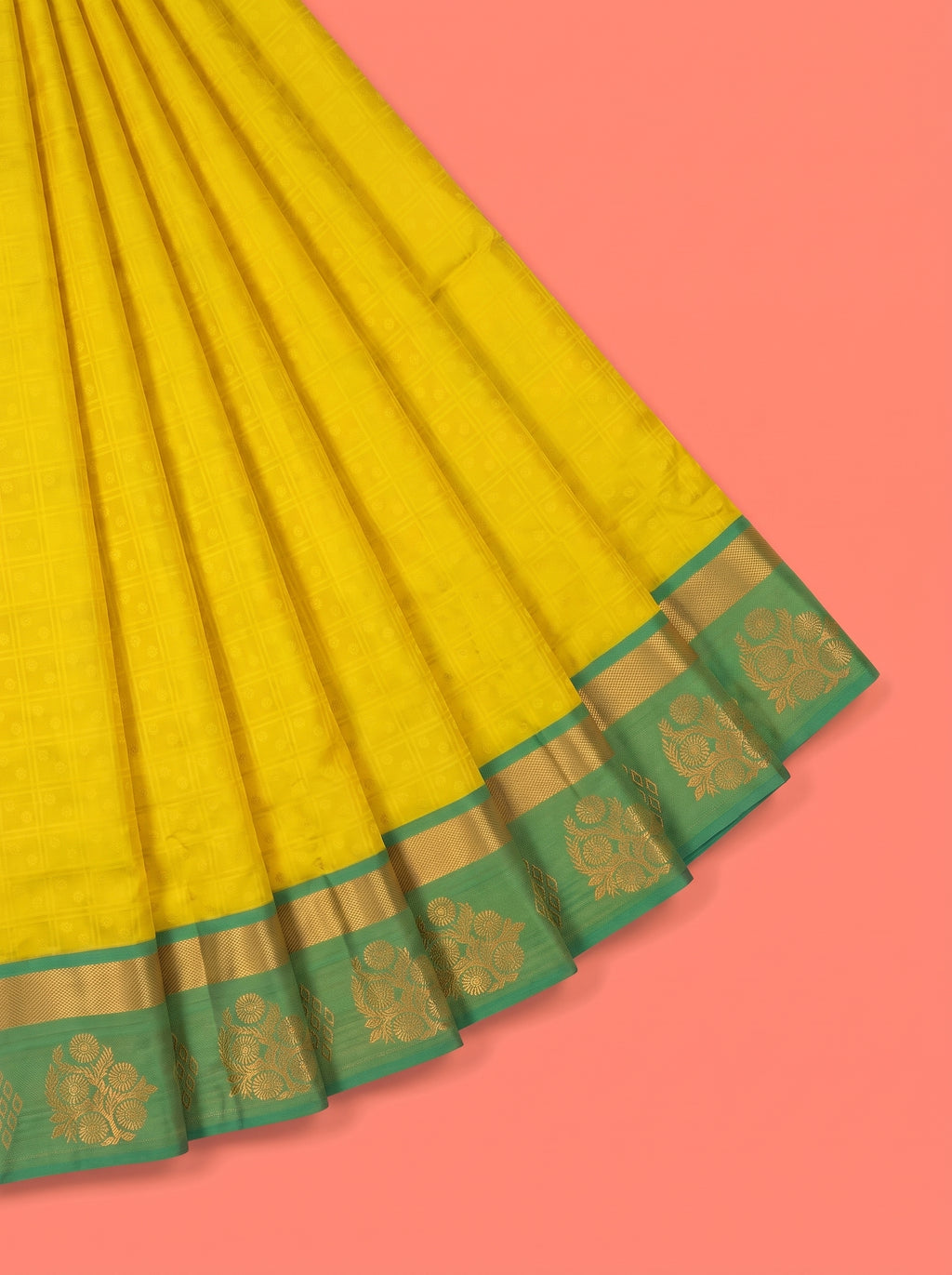 Mustard Yellow Bangalore Silk Saree with Teal Green Pallu and Gold Floral Zari