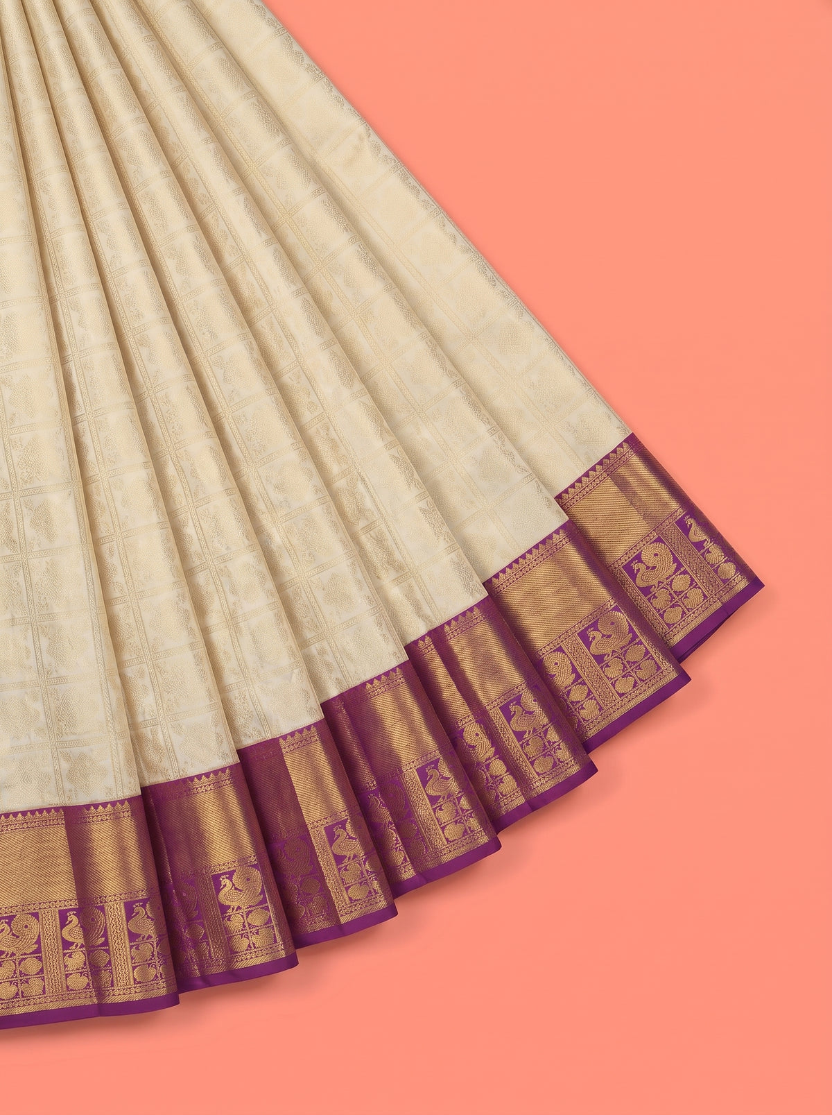 White Pure Kanchivaram Bridal Silk Saree with Floral Brocade