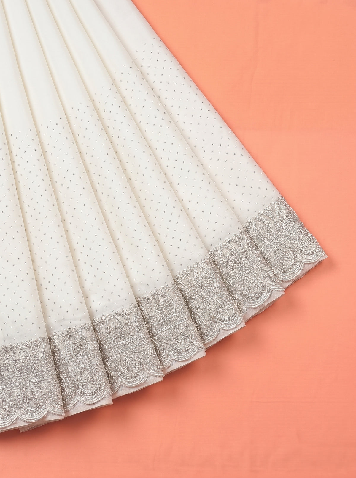 White Fancy Saree with Delicate Stonework and Scalloped Embroidered Border