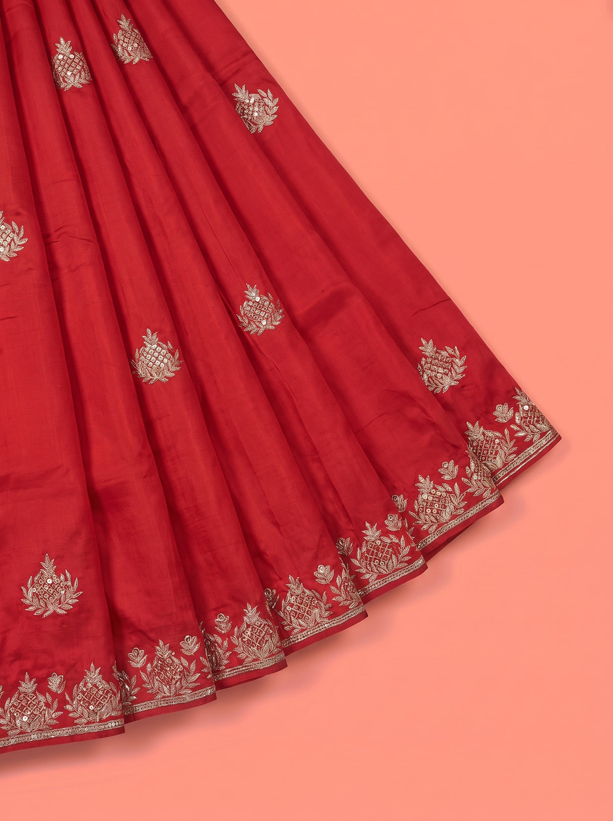 Red Fancy Saree with Gold Floral Embroidery