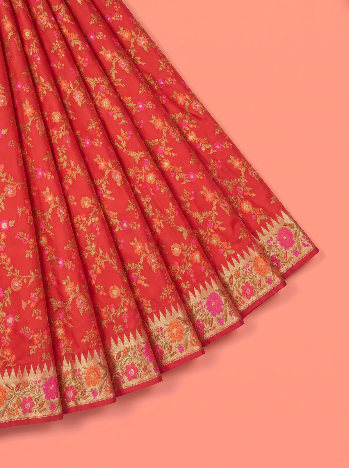 Red Banarasi Silk Saree with Multicolour Floral Jaal