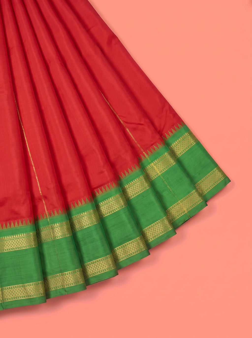 Red Semi Silk Saree with Broad Contrast Woven Border with Temple Style Triangular Motifs