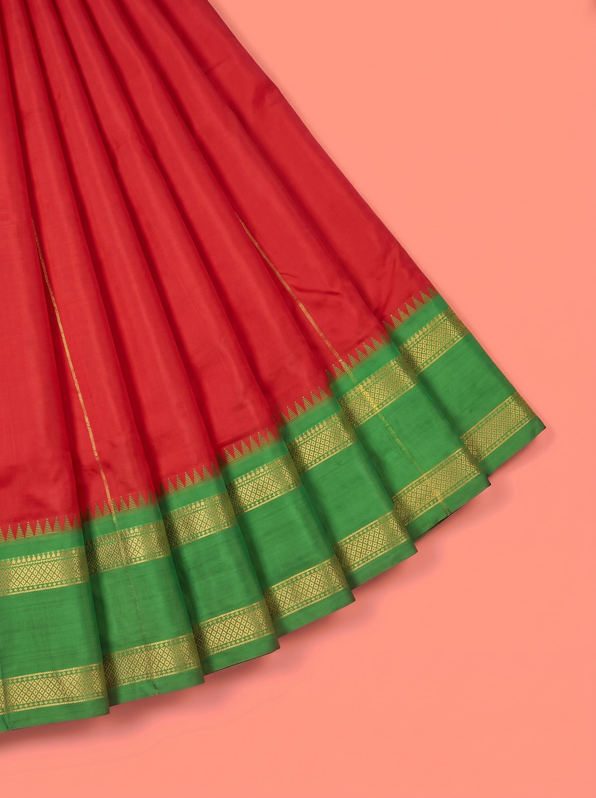 Red Semi Silk Saree with Broad Contrast Woven Border with Temple Style Triangular Motifs