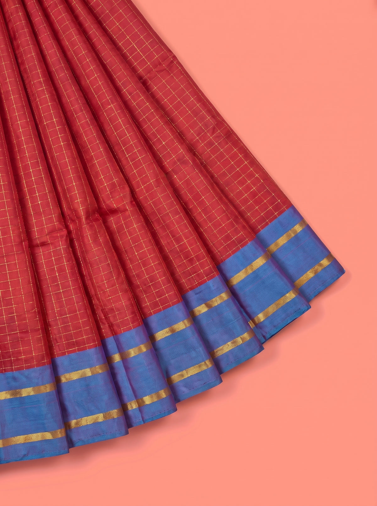Red Semi Silk Saree with Simple Contrast Woven Gold Zari Border