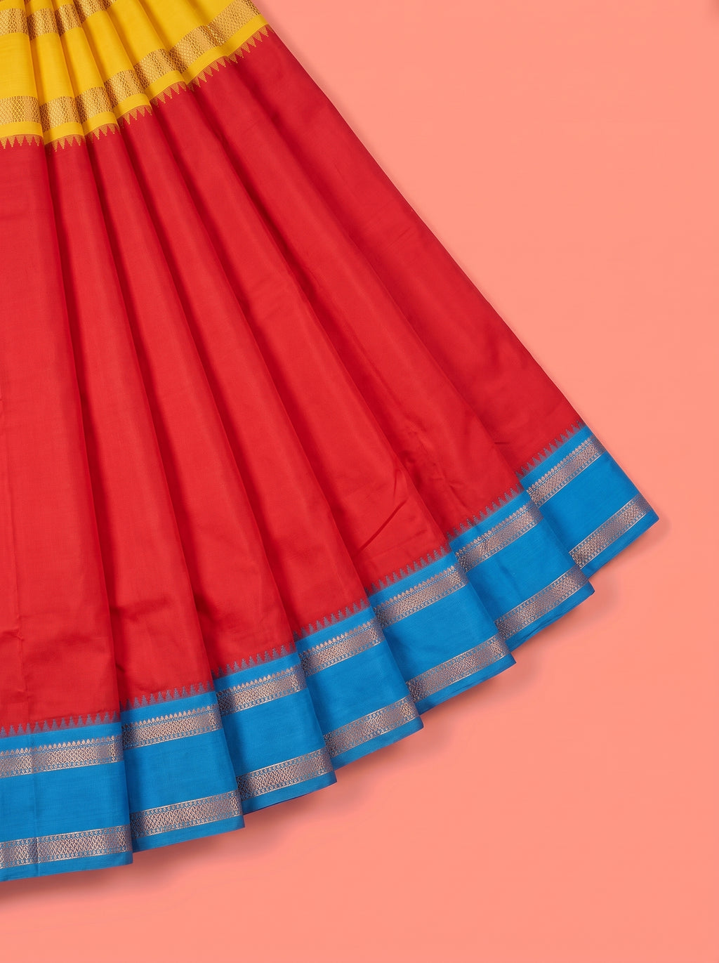 Red Semi Silk Saree with Broad Contrast Traditional Gold Zari Border